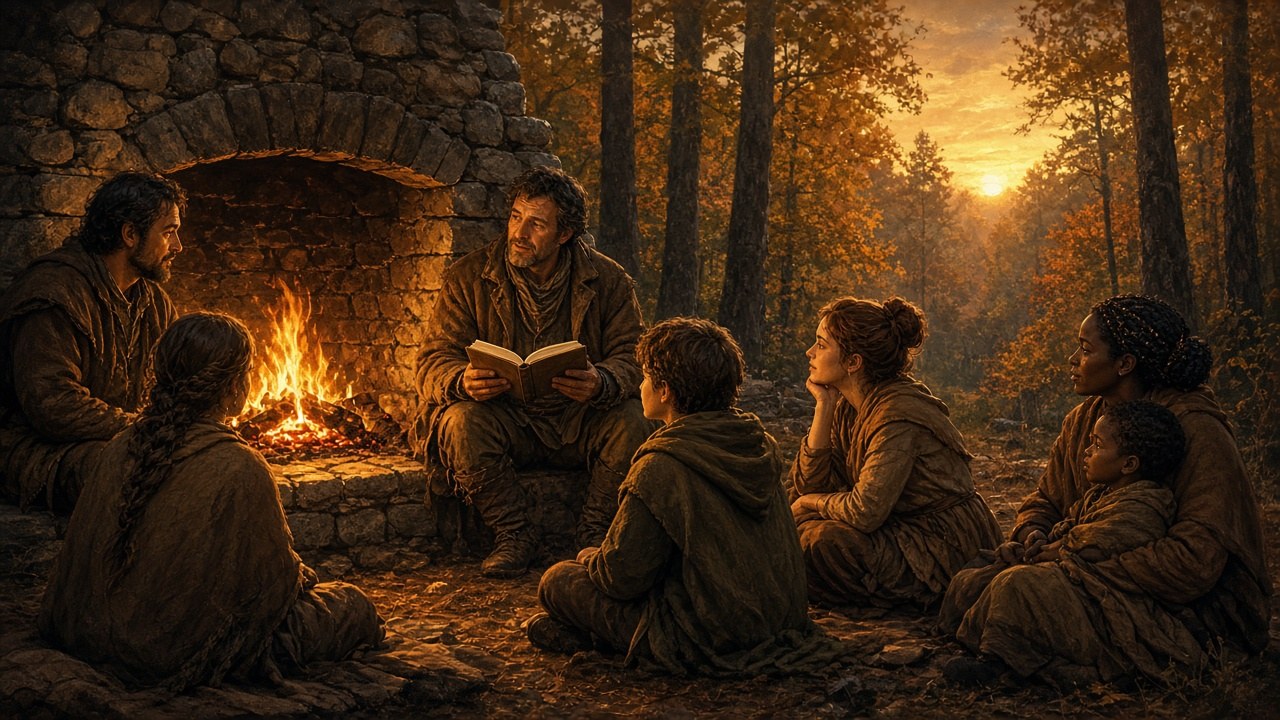 A quiet hearth — families gathered in warm light