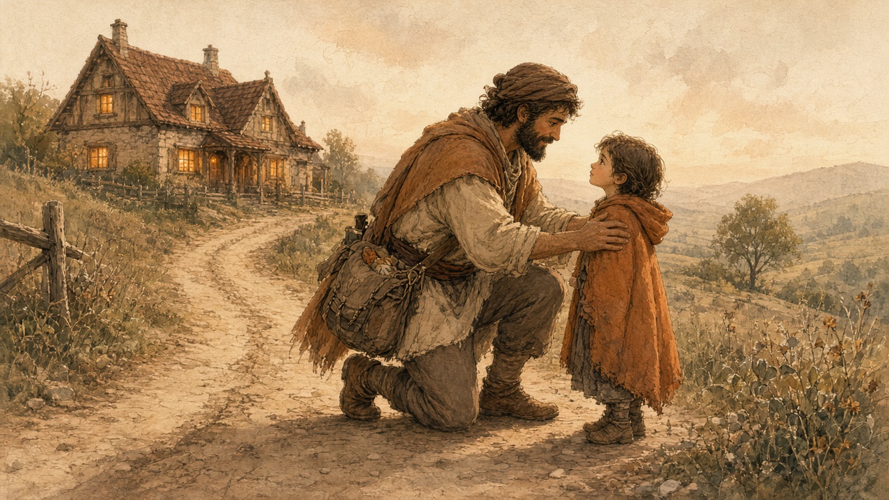 A traveler helps a child on the road
