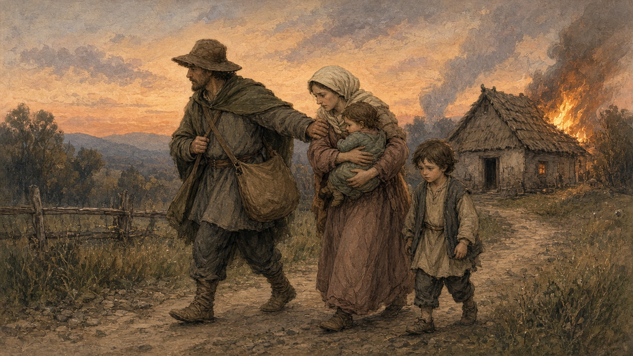 A traveler helps a family from a burning house