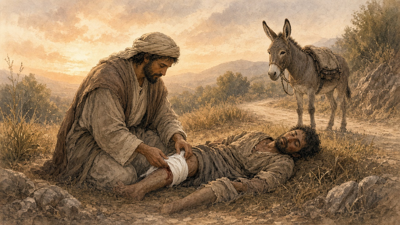 A traveler tends a fallen man beside a donkey