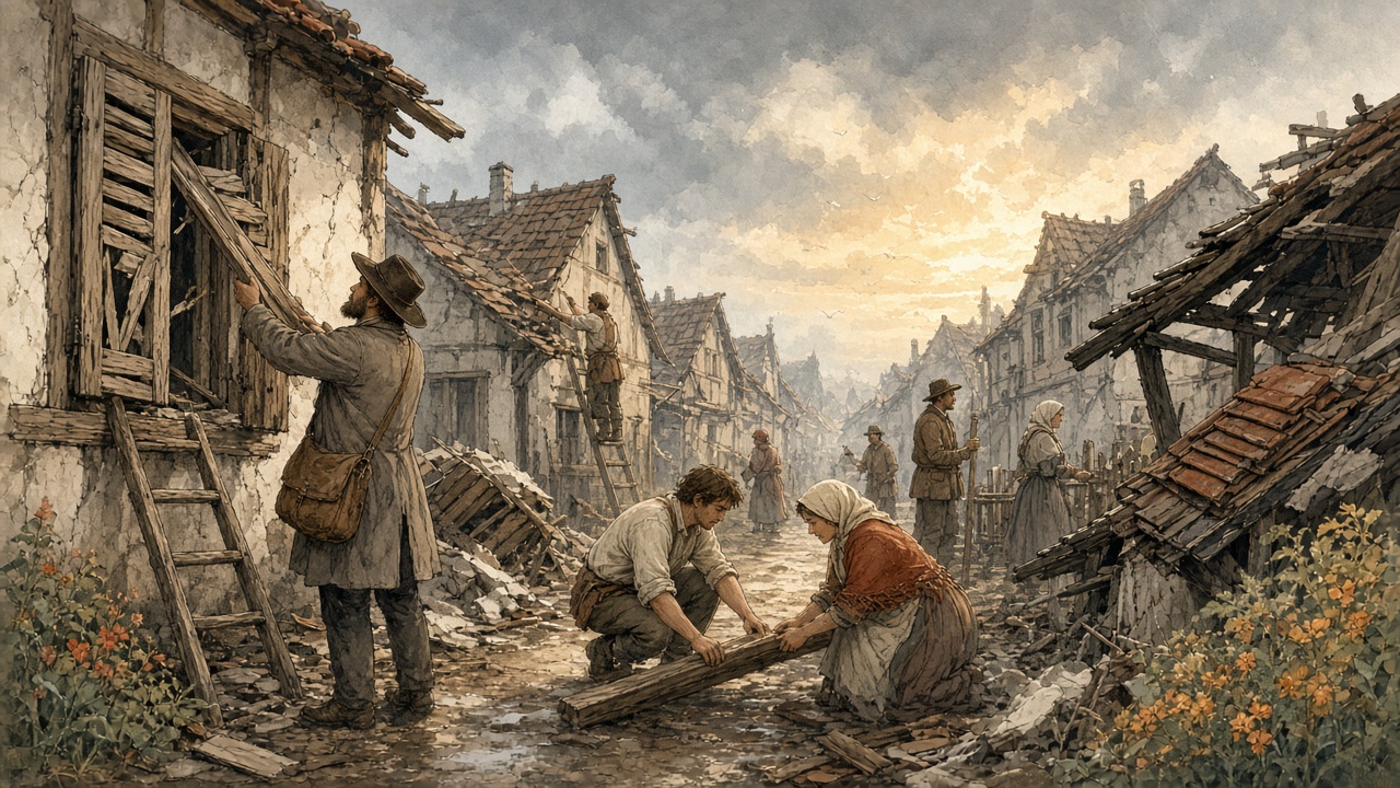 A traveler helps restore a town after the storm