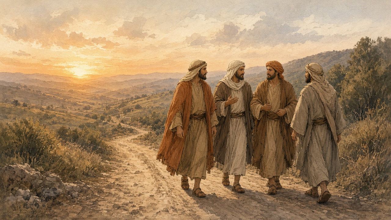 Three travelers and a stranger meet on the road